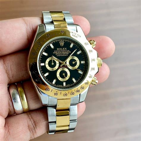 rolex gold and silver watch price|silver rolex with black head.